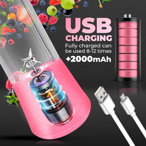 Portable Blender - Compact and USB Rechargeable Personal Travel Blenders for Smoothies, Shakes and Ice - Mini Fruit Juice Mixing Shaker Bottle - 380ml, Pink by Nomadic Outpost