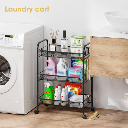 3-Tier 3 TOOLF Metal Rolling Cart, Mesh Wire Easy Assemble Utility Cart, Storage Trolley on Wheels with Hooks