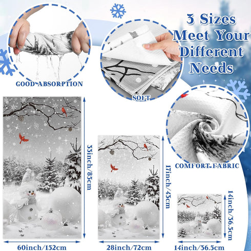 3 Pack Set Preboun Christmas Snowman Bathroom Towels Grey Winter Forest Hand Towels Snowflakes Bath Towels Cardinal