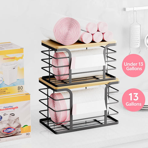 2 Pack Stackable Storage for Kitchen Laundry Pantry Organizers,Trash Bag Holder with Bamboo Top,Wall Mount Garbage Bag