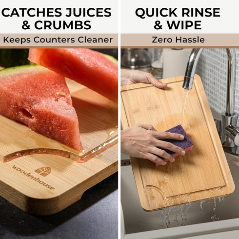 Set 3 Set of Bamboo Cutting Boards for Kitchen - Thick & Durable Wood Cutting Boards with Deep Juice Grooves & Build