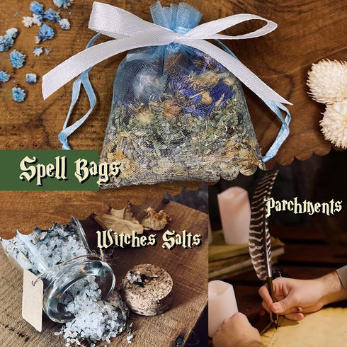 Tassika 63 Pack Witchcraft Starter Kit, Witchcraft Supplies for Wiccan Altar- of Crystals Dried Herbs, Colored Magic