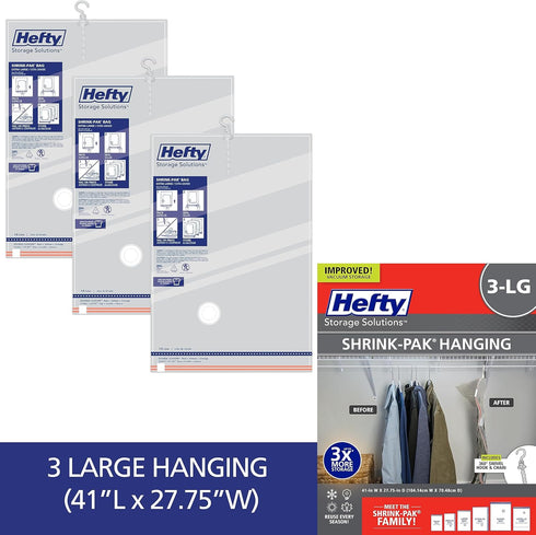 Hefty Shrink-Pak Vacuum Storage Bags, Space Saver for Under Bed Storage, 3 Large Hanging Vacuum Bags