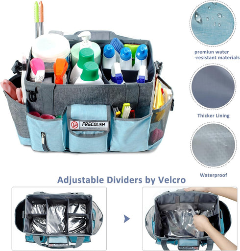 Grey-Blue Cleaning Caddy - Oxford Polyester, Adjustable 5 Compartments, Padded Carry Handle, Waterproof Interior for