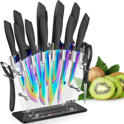 Knife Set, 16 Pieces High Carbon Stainless Steel Rainbow Color Kitchen Knives, Titanium Coating Blade, No Rust, Super