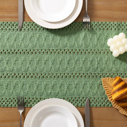 12x108 inch Socomi Sage Green Boho Table Runner Macrame Long Easter Spring Farmhouse Woven Cotton Linen Rustic Coffee