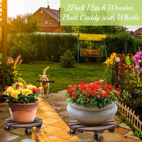 2pack 12" Plant Caddy Plant Stand with Wheels Rolling Plant Stand Heavy Duty Wooden Round Plant Dolly Rollers