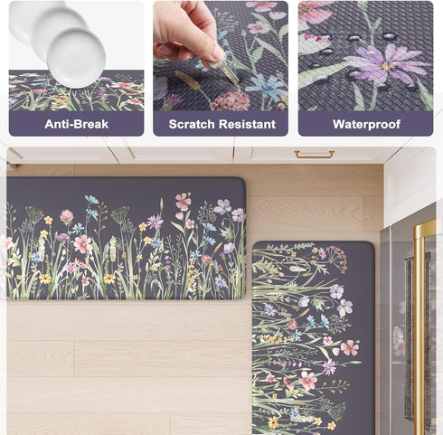 KIMODE Anti Fatigue Kitchen Mat, Non-Slip Farmhouse Floral Kitchen Rugs for Floor Sink and Office
