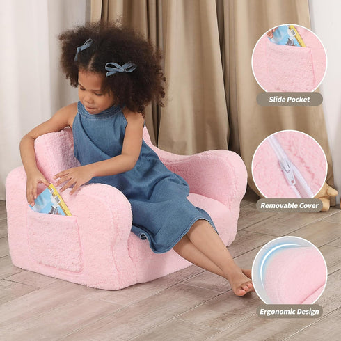 2-in-1 Comfy Toddler Chair, Toddler Couch Fold Out, Convertible Sherpa Sofa to Lounger for Boys & Girls, Pink