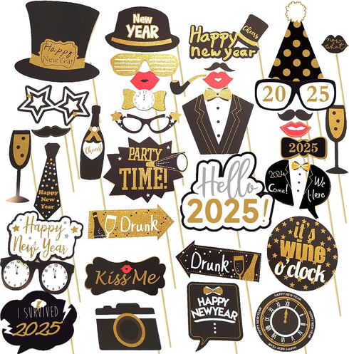 New Years Photo Booth Props - Champagne Bottle, Clock, Wine Glasses Cutouts for 2025 NYE Party Decorations