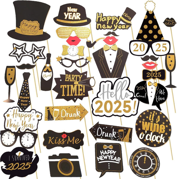 New Years Photo Booth Props - Champagne Bottle, Clock, Wine Glasses Cutouts for 2025 NYE Party Decorations
