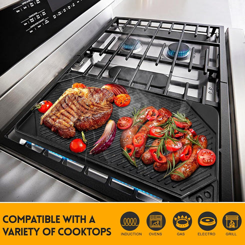 GGC Cast Iron Reversible Griddle, Double-sided Griddle Pan for Indoor and Outdoor Cooking, 20 x 10.5