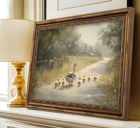 xikafou 3D Countryside Textured Canvas Wall Art Vintage Carved Gold Frame Duck With Ducklings Farmhouse Vintage Relief