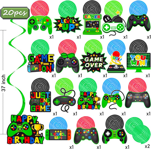 umoni Green Video Game Hanging Swirls 20Pcs Gamer Birthday Party Decorations Game On Birthday Party Hanging Decoraiton Gaming Ceiling Streamers for Game Level Up Party Supplies