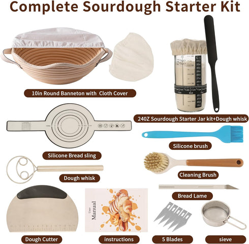 Set Complete Sourdough Starter Kit with Banneton Proofing Basket & Dough Scraper All-in-One Bread Baking for Homemade
