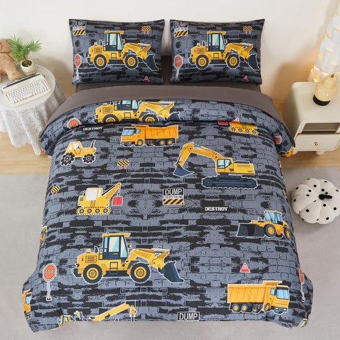 ANGIYUIN Twin Boys Comforter Set 5 Pcs Gray Construction Bed in A