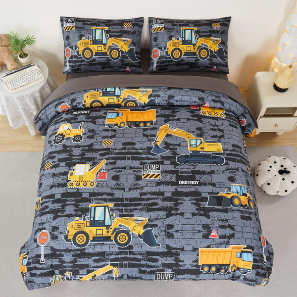 ANGIYUIN Twin Boys Comforter Set 5 Pcs Gray Construction Bed in A