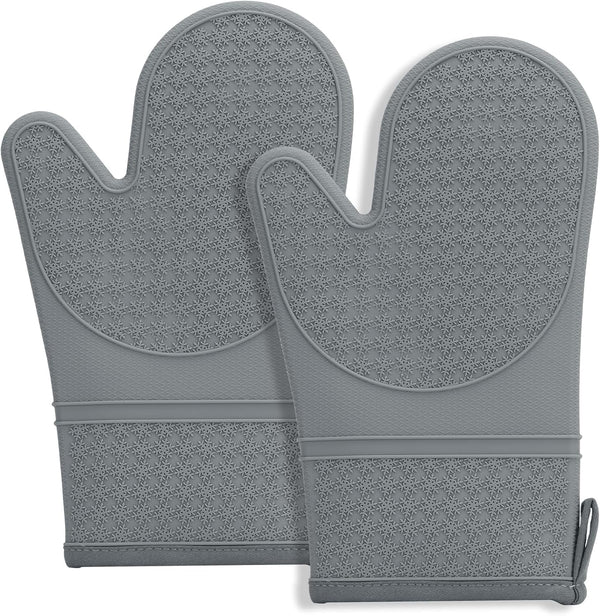 Hovico Silicone Oven Mitts, 2PCS Grey Oven Gloves with Non-Slip Waterproof, Heat Resistant 600 Degree