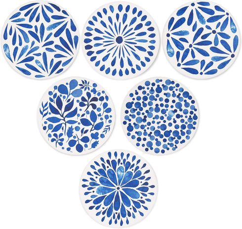 AD Set of 6 Absorbing Round Ceramic Coasters with Cork Base, Tabletop Protection Mat for Mugs & Cups (Indigo Blue)