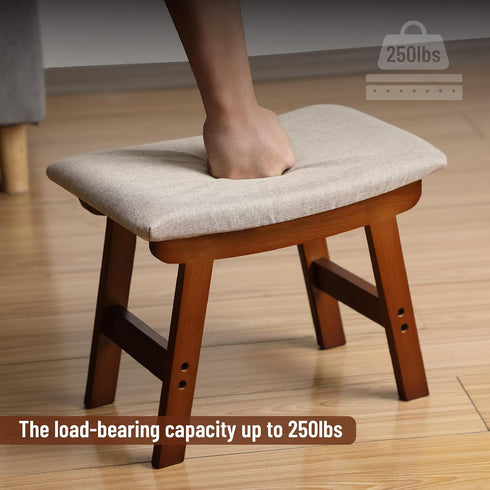 Compact Bamboo Ottoman with Beige Cushion and Brown Legs - Ideal Foot Rest