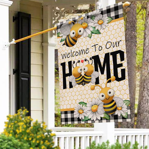 Welcome to Our Home Bumble Bee Spring Summer Decorative Large House Flag, Buffalo Plaid Check Daisy Garden Decor 28x40