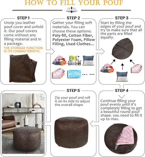 16.5Dx12H, Thgonwid Unstuffed Faux Leather Pouf Cover, Handmade Footstool Ottoman Storage Solution, Floor Footrest