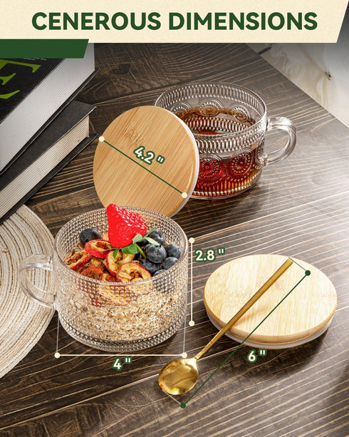 Semderm Set 4, 14oz Vintage Glass Coffee Mugs of Overnight Oats Containers with Bamboo Lids and Spoons - Clear Tea Cups