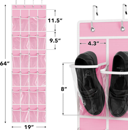 24 (64'' 19'') Simple Houseware Pockets - Crystal Clear Over The Door Hanging Shoe Organizer, Pink x