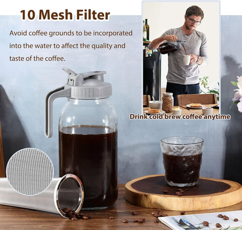 Cold Brew Coffee Maker Glass Pitcher - 32 oz Mason Jar with Pour Spout Handle Lid and Stainless Steel Filter