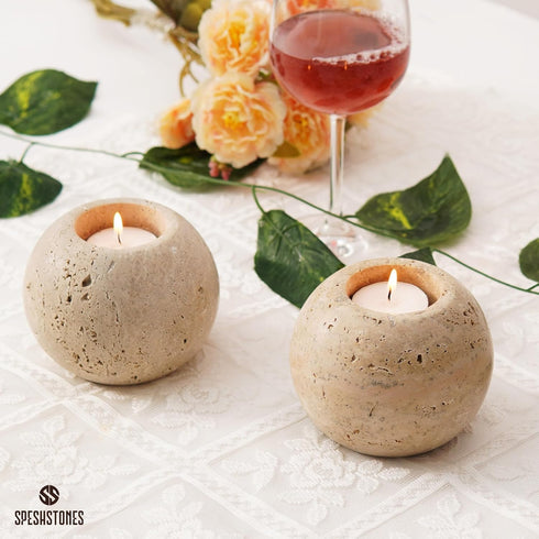 4 Inch Set 2 Marble Tealight Candle Holders Travertine Votive Candles Holder for Gifts, Tea lights Candles