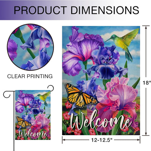 Welcome Spring Hummingbird Iris Garden Flag, Double Sided Purple Flower Bird Yellow Butterfly Outdoor Decor, 12x18