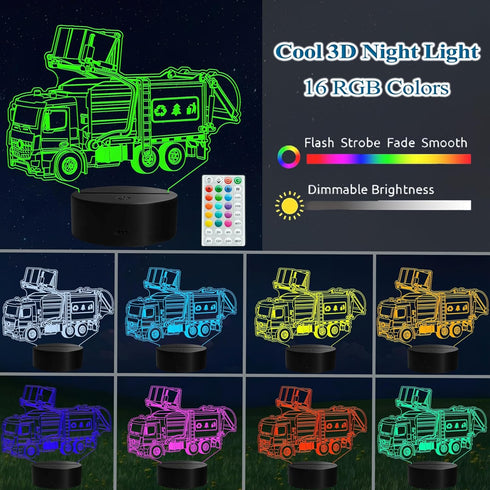 3D 16 4 Dimmable, Garbage Truck Night Light, Garbage Truck Gifts, Illusion Lamp with Remote Control, RGB Colors