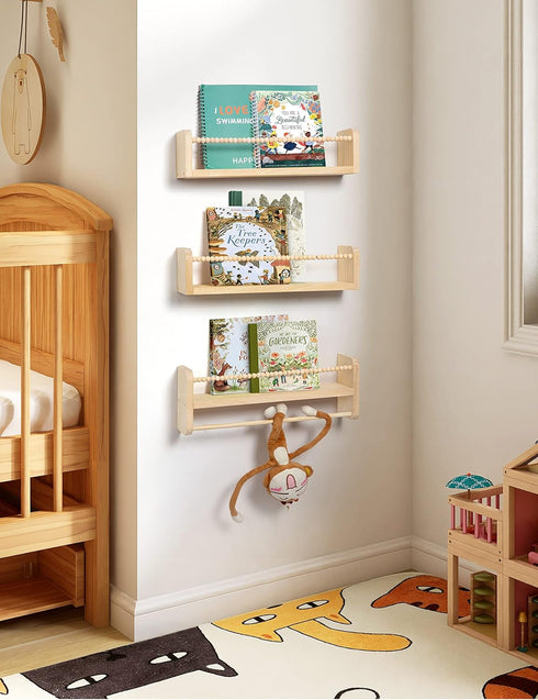 Set 3 Maxpeuvon Nursery Floating Shelves for Wall, of Book Shelves Natural Wood Wall Mounted Organizer with Towel Bar