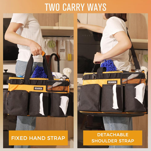Wearable Cleaning Caddy Bag, Organizer with Handle & Shoulder Straps, 4 Foldable Dividers for Housekeepers, Car Cleaning