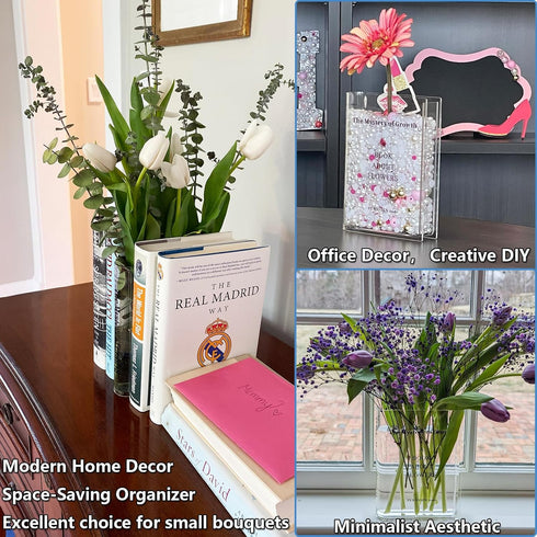 Puransen Clear Book Flower Vase - Floral Bookshelf Decor, Acrylic Flower Holder & Space-Saving Organizer, Modern Home