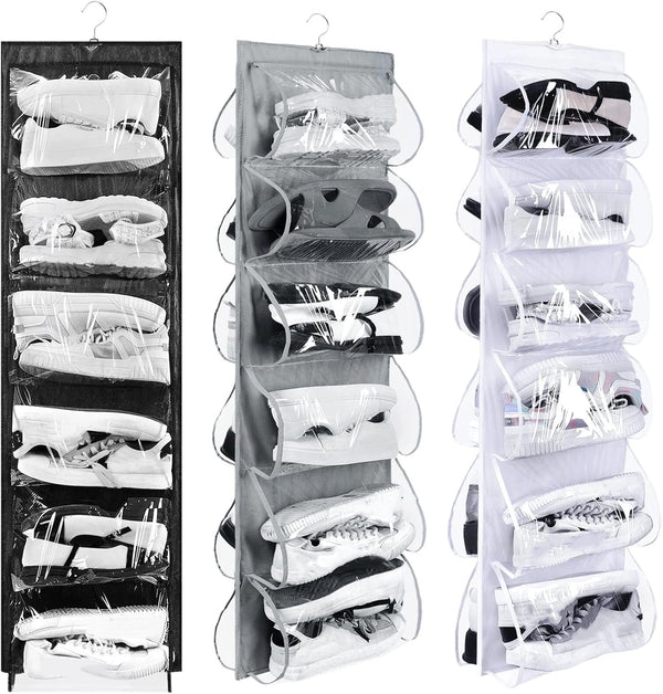 Barydat 3 Pcs Dual Sided Hanging Shoe Organizer 12 Clear Pockets Mesh