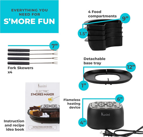 Kusini Smores Maker, Flameless Electric Indoor Marshmallow Roaster, 4 Detachable Trays & Forks, Gift Set