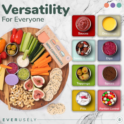 Everusely 3 Pack Condiment Cups, 1.7 oz / 50 ml Bright Stainless Steel Containers with Lids, Reusable Salad Dressing