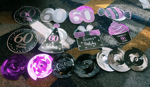 60th Birthday Decorations for Women, Purple Black Silver Hanging Swirls Ceiling for 60th Birthday Party