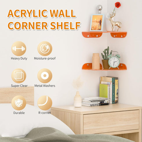 9.5x9.5 Inch Set 2, Sezanrpt Acrylic Corner Floating Shelf of Orange Corner Wall Shelf for Home Dcor, Speakers