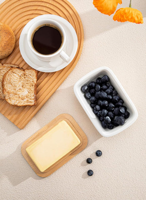 Countertop, Sweese Butter Dish with Lid, Large Porcelain Keeper with Beech Wooden Lid for Perfect for East and West