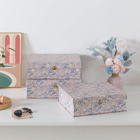 Soul & Lane Blue and White Floral Cardboard Decorative Storage Boxes with Gold Hardware - Set of 3, Aviary Garden for