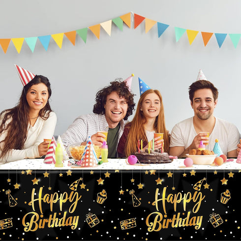 Ruisita 2 Pack Black Gold Table Cloth Cover, Happy Birthday Tablecloths for Indoor or Outdoor Parties
