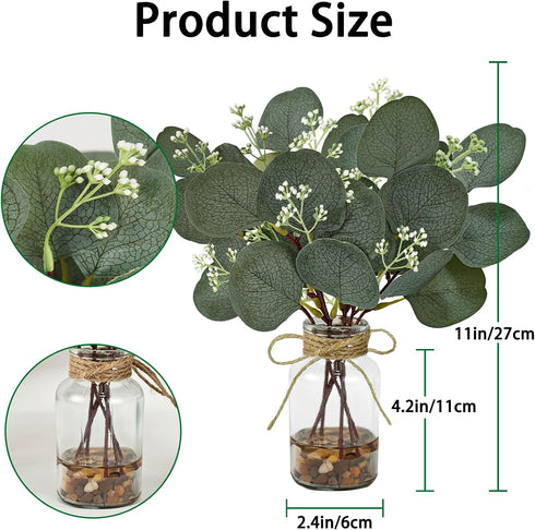 2 Pack 11" Artificial Eucalyptus Stems in Glass Vases, Fake Plants with Faux Water Stones, Small Faux Plants