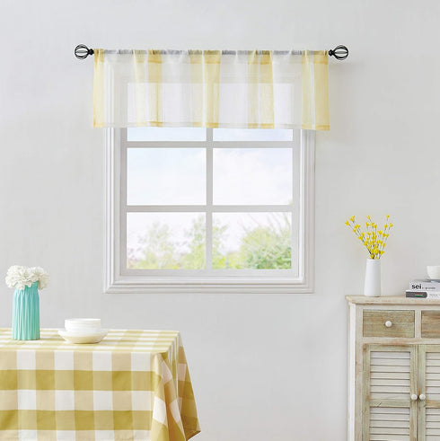Central Park Yellow and White Kitchen Window Curtain Valance, Stripe Sheer Boucle Linen, 54" W x 15" L