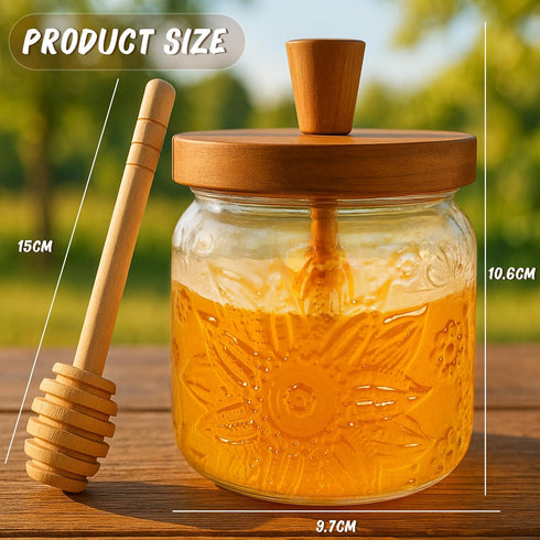 Set, Loscarol Honey Jar with Dipper and Lid - Bohemian Vintage Glass Honey Pot with Wooden Honey Dippers Stick Wide