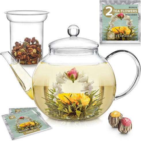 Teabloom Heatproof Borosilicate Glass Teapot (40 OZ) with Removable Loose Tea Infuser and 2 Blooming Teas