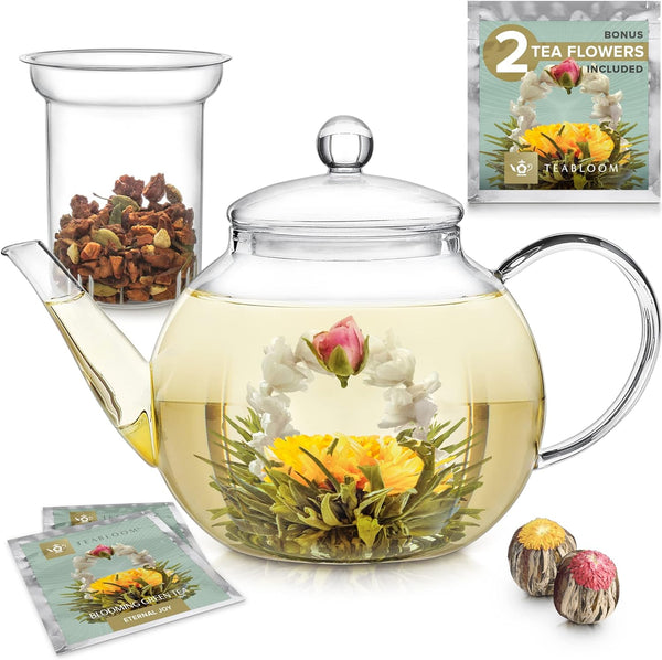 Teabloom Heatproof Borosilicate Glass Teapot (40 OZ) with Removable Loose Tea Infuser and 2 Blooming Teas
