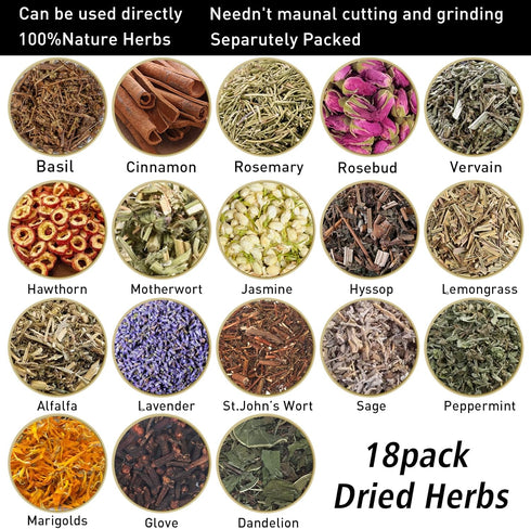 HNSHAG 18pack Witchcraft Supplies Herbs and Flowers Kit, Bigger Size Dried Herb for Witchy Beginners, Witchcraft Altar