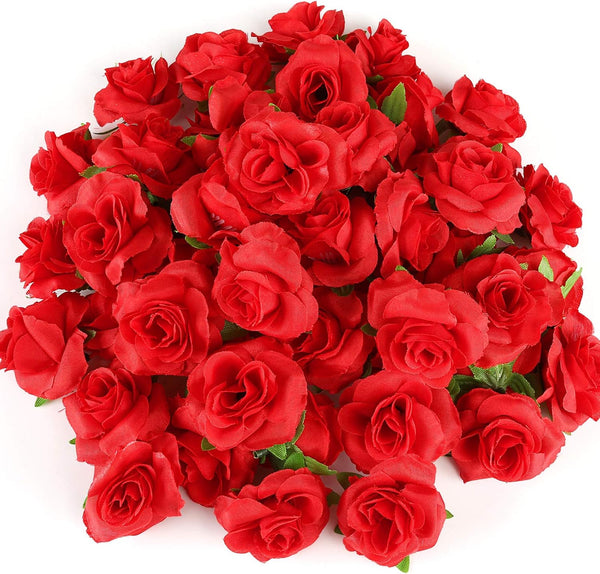 Kesoto 50pcs Artificial Red Roses Buds - 1.6" Small Silk Fake Flower Heads for Decoration, Crafts, Wedding